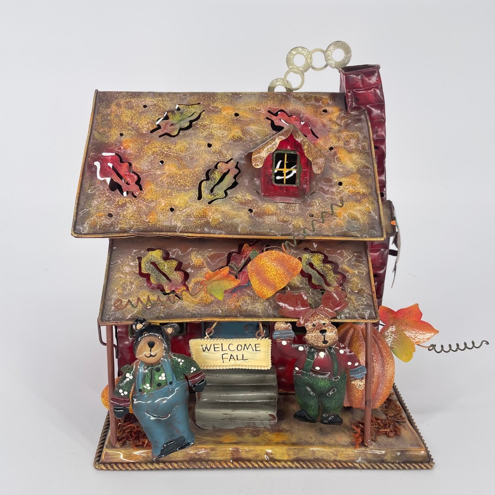 Fall Decor Metal Tea Light Candle‎ Holder Light Up Cabin Bears Welcome Autumn
